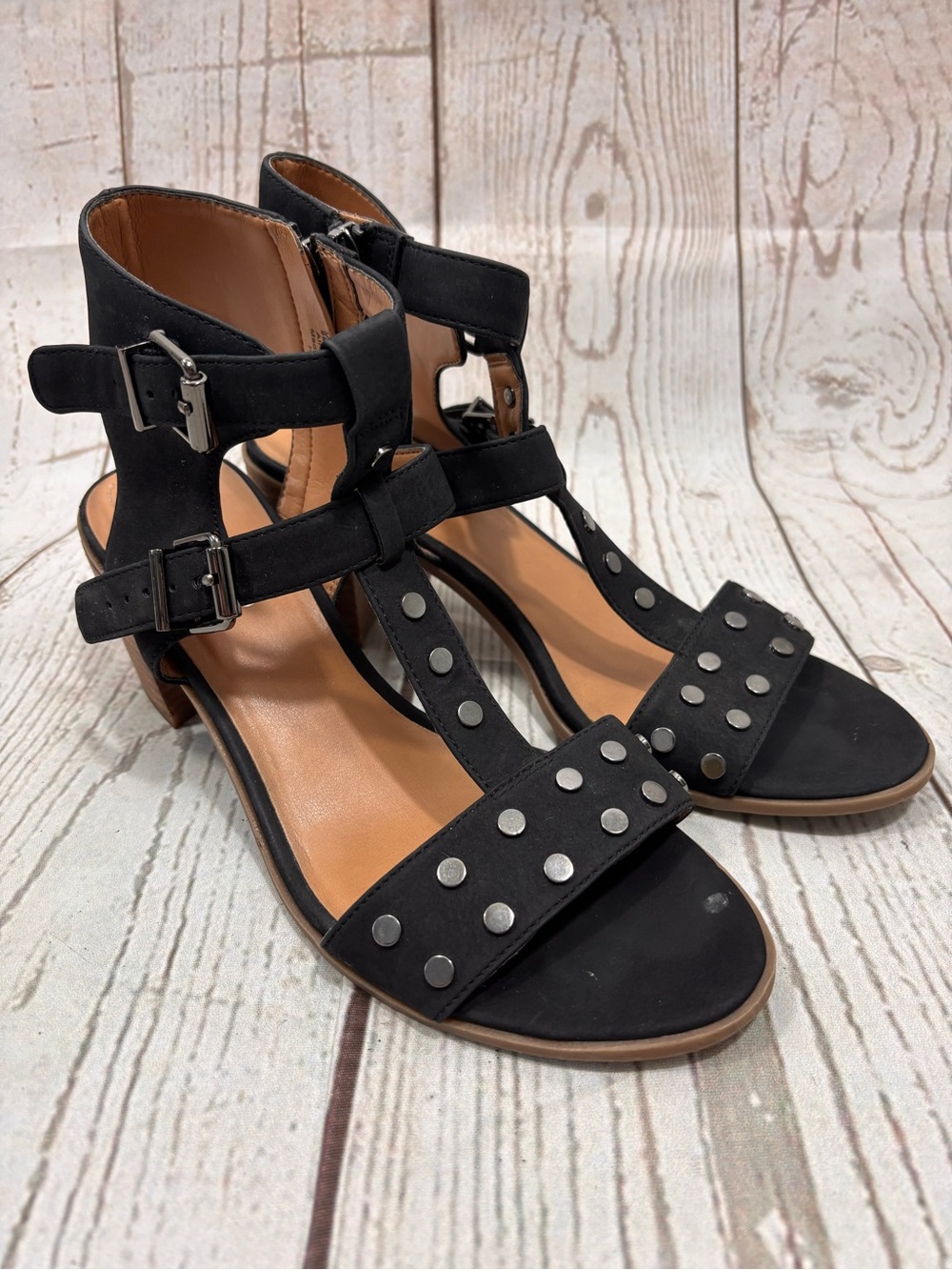 Franco Sarto Haven Studded Sandals Block Heel and Buckled Ankle Straps Sz 8